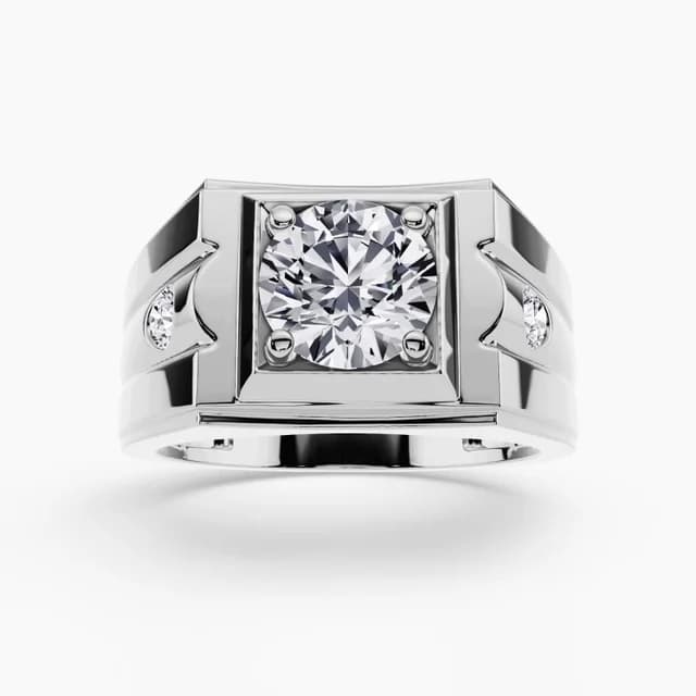 Men's engagement ring with a bold round diamond in a matte-finish band